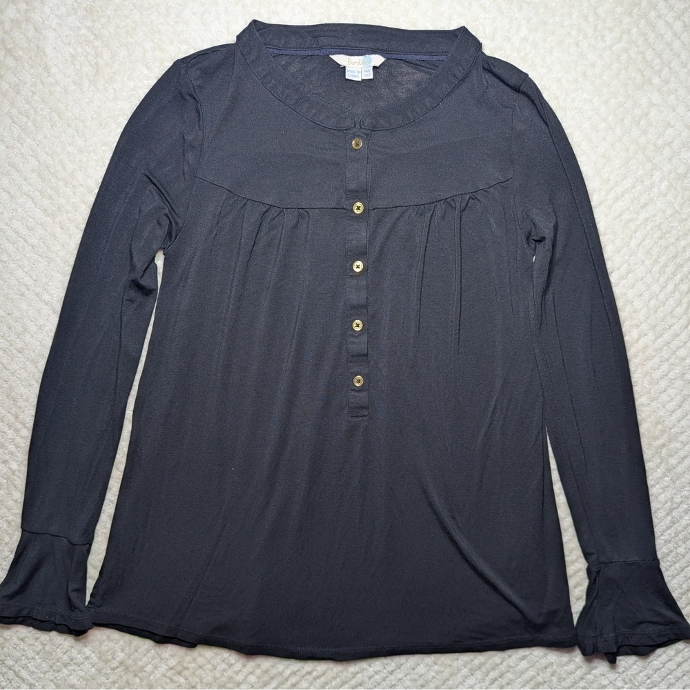 Boden Navy Modal Button Front Top Womens US 4 Long Sleeve Ruffle Cuff